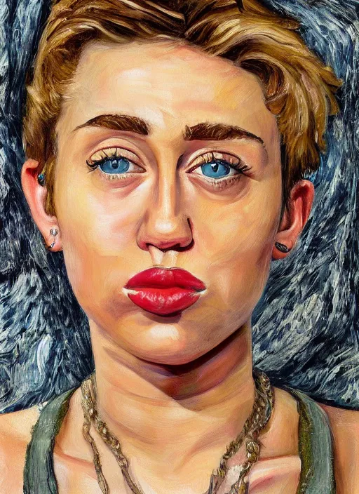 Image similar to Miley Cyrus, painted by Lucian Freud, highly detailed, 8k