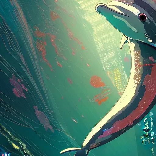 Image similar to a beautiful hyperdetailed character design 4 k wallpaper illustration of a cute dolphin, victo ngai cyberpunk style, from china, style of studio ghibli, makoto shinkai, raphael lacoste, louis comfort tiffany, artgerm, james jean, ross tran, chinese style