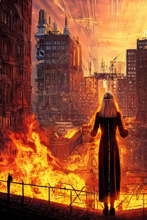 Prompt: in the foreground Saint Petersburg in cyberpunk, in the background a magnificent young blonde woman from behind playing with flames coming out of her hands wearing a long matrix-style jacket, realistic, high definition, many details, dramatic scene, symmetrical face, eyes realistic, art of enki bilal