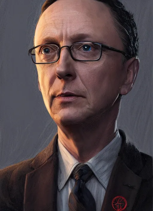 Image similar to portrait of michael emerson as leland in evil ( 2 0 1 9 ), highly detailed, centered, solid color background, digital painting, artstation, concept art, smooth, sharp focus, illustration, artgerm, donato giancola, joseph christian leyendecker, les edwards, ed repka, wlop