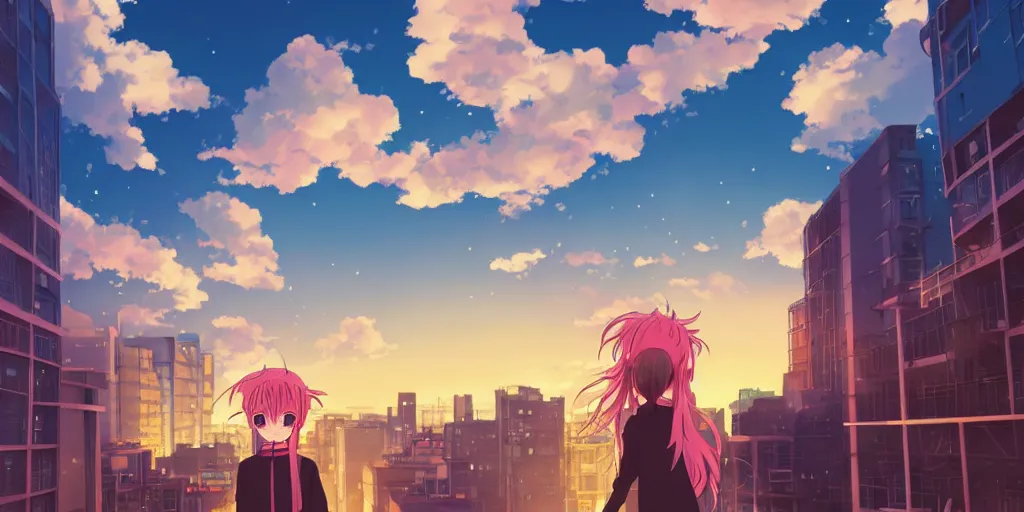 Image similar to anime art, anime key visual of a cute elegant anime girl with pink hair and big eyes, city rooftop at sunset with clouds, golden hour sunset, background blur bokeh!, beautiful lighting, high quality illustration, studio ghibli