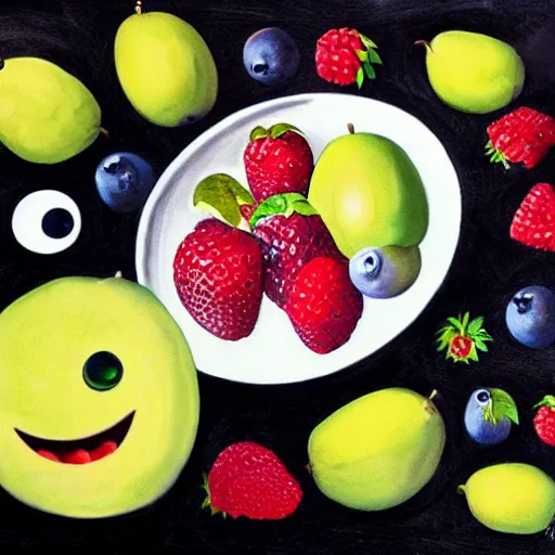 Image similar to a still life of a bowl of fruit with googly eyes on all the fruit, trending on artstation