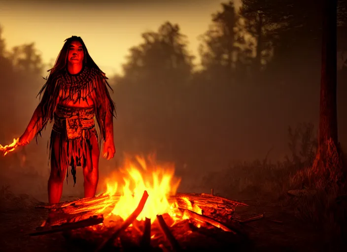 Image similar to shaman behind bonfire twilight hyper realistic cinematic art 4 k great view high quality