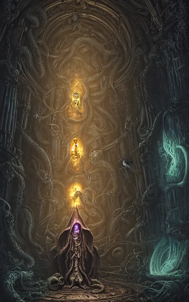 Image similar to hooded necromancer in front of a cthulhu within a viscosity fluid lovecraft portal, intricate architecture, baroque detailed, unreal engine, octane render, micro detail, digital art by dan mumford and peter mohrbacher and wayne barlowe, intricate detail, subsurface scattering, ray tracing, unreal engine, octane render