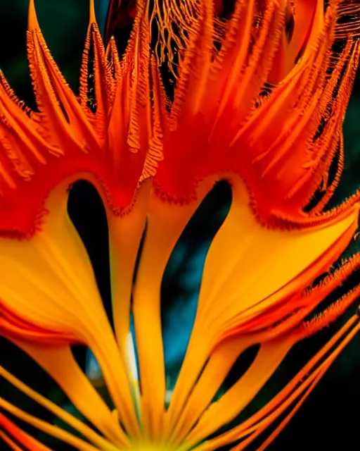 Prompt: gooey intricate ornate Birds of Paradise flowers dali robert steven connett dramatic orange light 8k low angle shallow depth of field