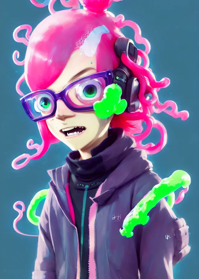 Image similar to a beautiful fullbody portrait of a cute splatoon anime boy with pink hair and green eyes wearing sports clothing tight leggings. character design by cory loftis, fenghua zhong, ryohei hase, ismail inceoglu and ruan jia. artstation, volumetric light, detailed, photorealistic, fantasy, rendered in octane