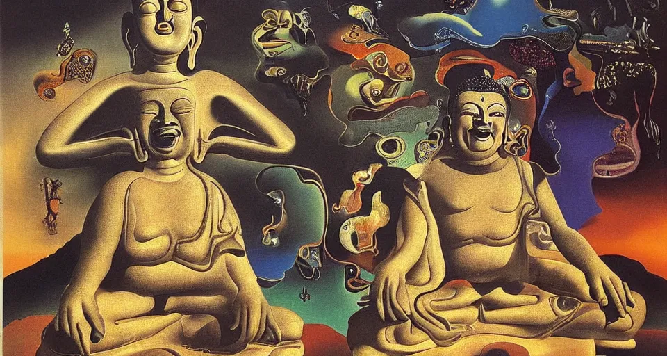 Image similar to Laughing buddha at the edge of the multiverse by Salvador Dali, highly detailed, surreal