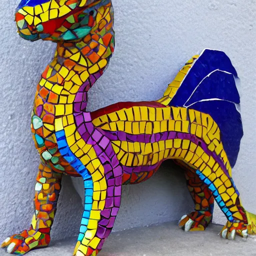 Prompt: mosaic sculpture of a alebrije chimera!!!, irregularly shaped mosaic tiles, hand glazed pottery shards, in the style of folk art, gallery photo