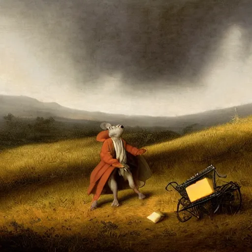 Prompt: baroque painting of a mouse in a meadow pulling a wooden two wheels cart loaded with a large piece of holed cheese, in the background is a cloudy sky with a bright sun, black and white, in the style of gustave dore dante's inferno