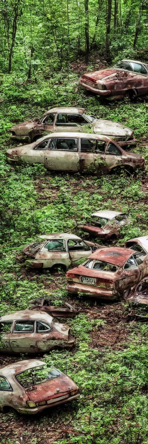 Prompt: a hi 8 footage still of a forest full of abandoned european sedans, coupes and vans with rust damage, broken parts and vegetation.