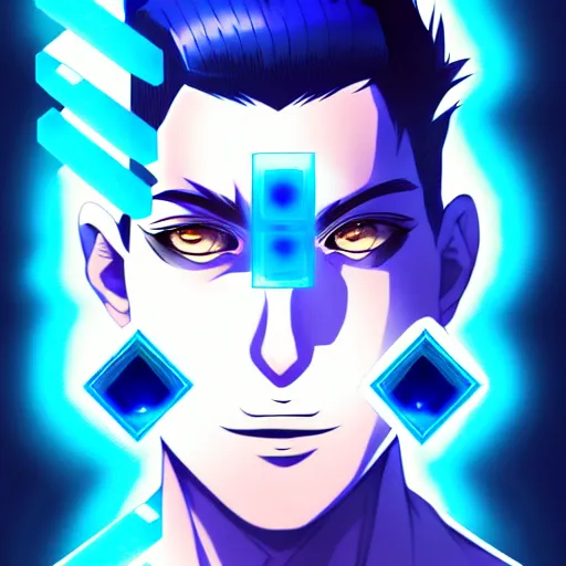 Image similar to a highly detailed portrait of a man with navy blue hair and blue glowing eyes, summoning blue transparent cubes, high detail clothing, concept art, anime, artstation, professional drawing