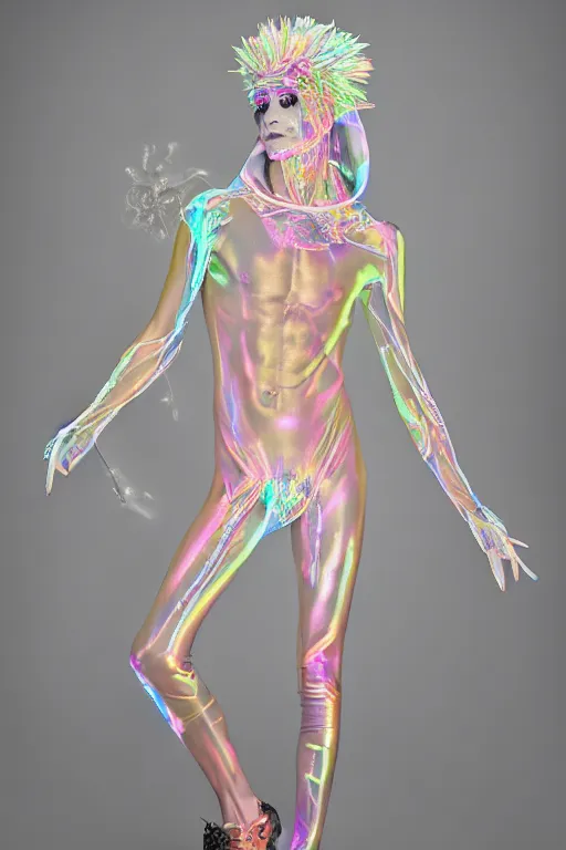 Image similar to full-body photo rococo and cyberpunk delicate neon crystalline sculpture of ((muscular slender albino Italian Prince)) as a dark iridescent humanoid deity wearing a thin see-through ((plastic hooded cloak)) sim roupa (holding a human skull), reclining con (((las piernas abiertas))), glowing pink face, crown of (white lasers), large diamonds, swirling black silk fabric. futuristic elements. oozing glowing liquid, full-length view. space robots. intricate artwork by caravaggio. Trending on artstation, octane render, cinematic lighting from the right, hyper realism, photo realistic, octane render, 8k, depth of field, 3D