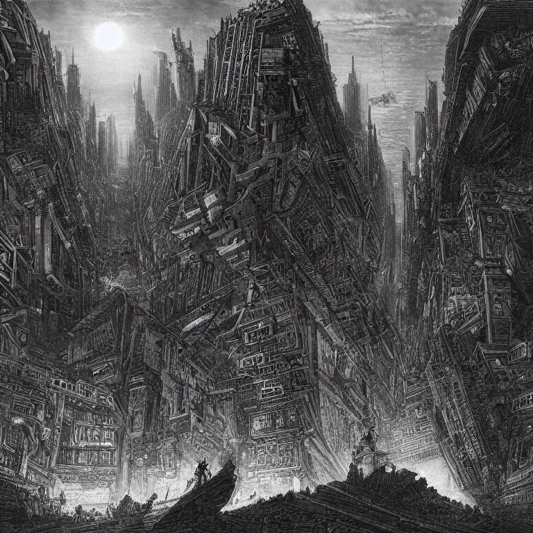 Prompt: futuristic city in the style of gustave dore and piranesi