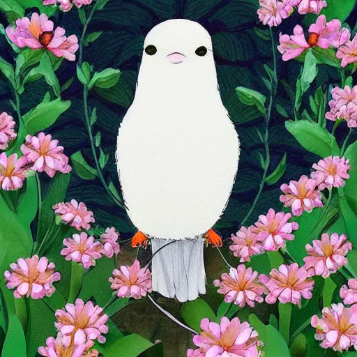 Image similar to white bird holding a flower cinematic composition, studio ghibli, digital art, cute