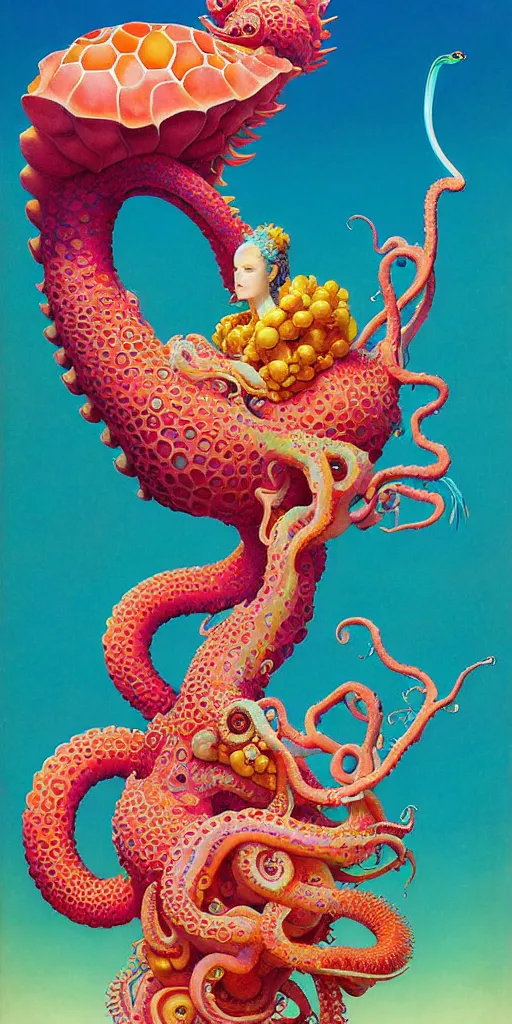 Prompt: portrait of the kawaii ammonite skeksis supermodel girl clad in branching coral armor bites into a juicy squid, by mark ryden, kawase hasui, dorothea tanning, moebius, edward hopper and james gilleard, aivazovsky, zdzislaw beksinski, steven outram, colorful iridescent and playful