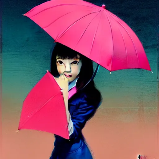 Image similar to a portrait of a girl holding a pink pinky red umbrella, confident pose, pinky red colors, genshin impact, intricate, illustration, highly detailed, concept art, matte, trending on artstation, by greg rutkowski, gil elvgren, earl moran, sharp focus, anime art, pinky red color scheme, art station, by ilya kuvshinov h 6 4 0