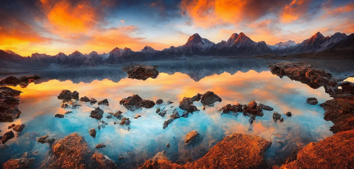 Image similar to amazing landscape photo of mountains with lake in sunset by marc adamus, beautiful dramatic lighting