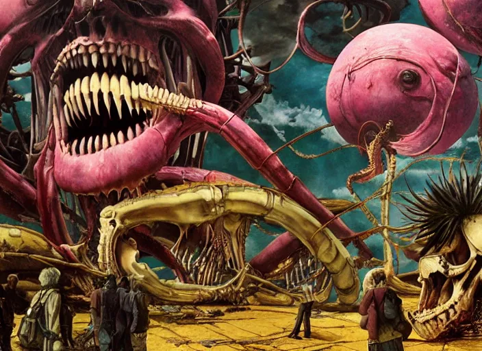 Prompt: attack on titan by francis bacon, surreal, jellyfish, big aquarium, norman rockwell, greg hildebrandt, whale skeleton, triadic color scheme, by greg rutkowski, exotic vegetation, tristan eaton, victo ngai, vibrant colors, pink and yellow, a still from the film alien, beksinski, biomechanical