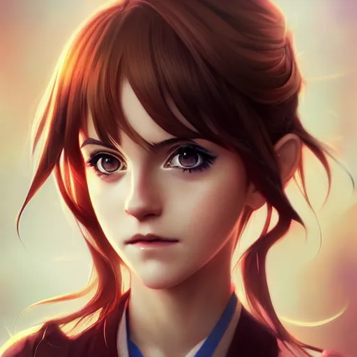 Image similar to anime portrait of emma watson as an anime girl by Stanley Artgerm Lau, WLOP, Rossdraws, James Jean, Andrei Riabovitchev, Marc Simonetti, and Sakimichan, trending on artstation