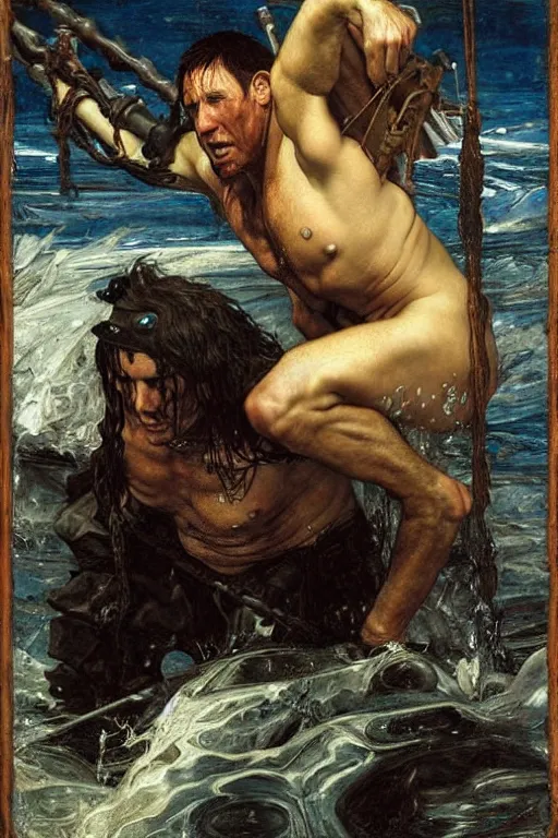 Prompt: trent reznor as a pirate king, god of the ocean by edgar maxence and caravaggio and michael whelan and delacroix