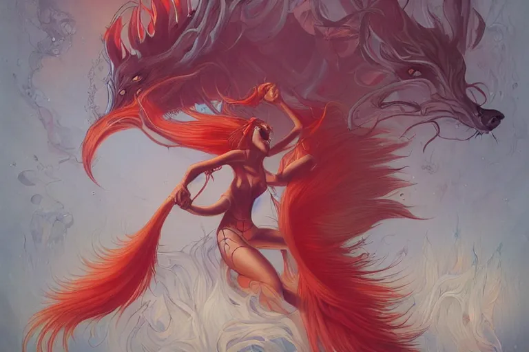 Image similar to prompt A beautiful red orange kumiho, nine fox tails, Peter Mohrbacher