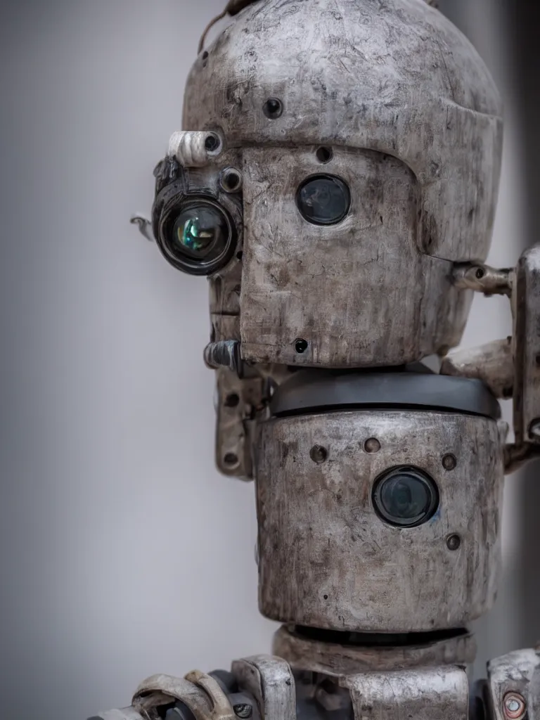 Image similar to closeup of a peaceful friendly cyberpunk rustic robot head, sigma 55mm f/8