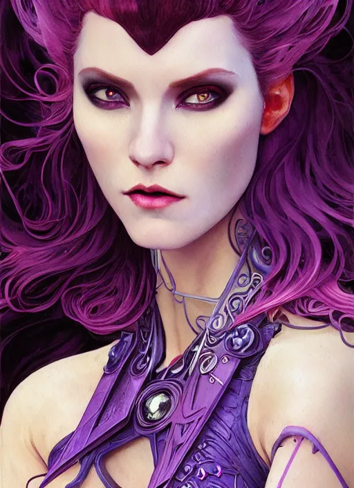 Image similar to close up portrait vampire with purple hair in sci - fi bionic armor, highly detailed, very intricate, art nouveau, red filigree, romantic storybook fantasy, soft cinematic lighting, award - winning, disney concept art watercolor illustration by mandy jurgens and alphonse mucha and alena aenami, pastel color palette, featured on artstation