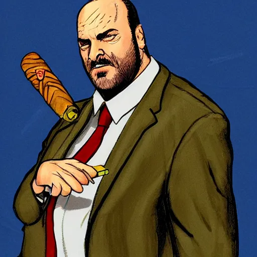 Prompt: chunky ethan van sciver as tony soprano, with a cigar, artstation