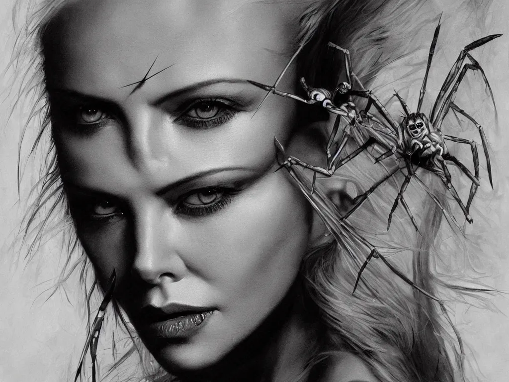 Prompt: An up close portrait painting of Charlize Theron with giant spider legs and hair needles wearing a dress of shadows and crawling out of a volcano, illustration, detailed, award-winning, trending on artstation, hyper realistic face, by Frank Frazetta, by John Bauer, by H.R. Giger