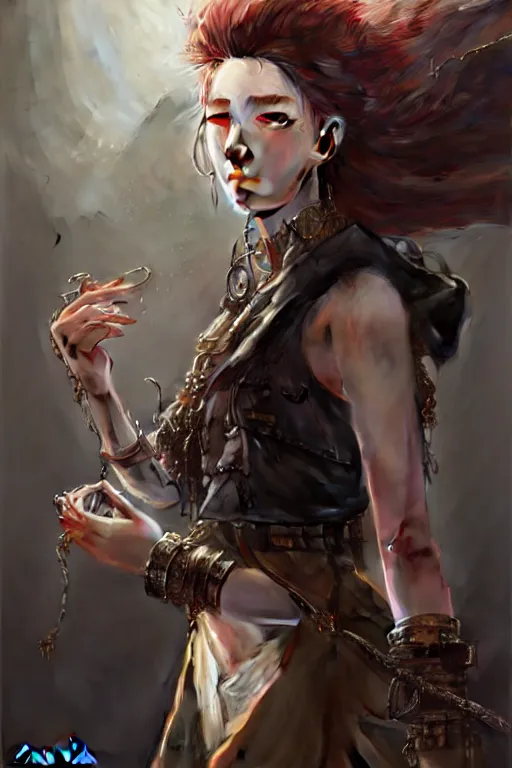 Image similar to A masterpiece portrait of one Incredibly beautiful queer style of Syberian post apocalyptic shaman girl . medium shot, intricate, elegant, highly detailed. trending on artstation, digital art, by Stanley Artgerm Lau, WLOP, Rossdraws, James Jean, Andrei Riabovitchev, Marc Simonetti, Yoshitaka Amano