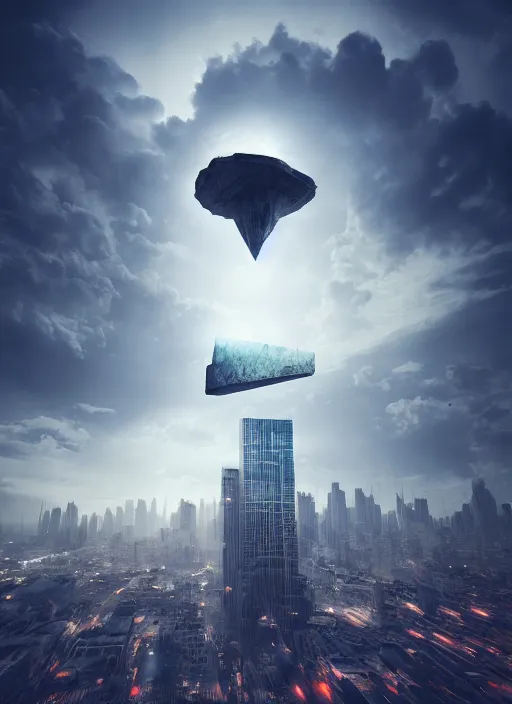Image similar to megalophobia realistic photo of a hyper - dimensional head floating above a city, stylistic painting, dramatic lighting, dynamic composition, octane render, 4 k, 8 k