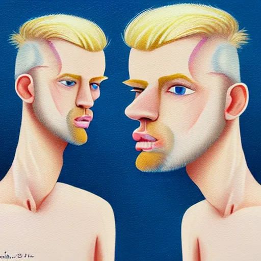 Image similar to thin blond man with blond hair long on top medium down the sides, blond beard, small chin, small nose, thin lips, English heritage, small blue eyes, tiny ears, middle aged, uncool, pale skin, narrow face, digital art, painterly, cartoon, cute, 8k, illustration, art by loish, painterly, trending on artstation, medium shot, uncropped