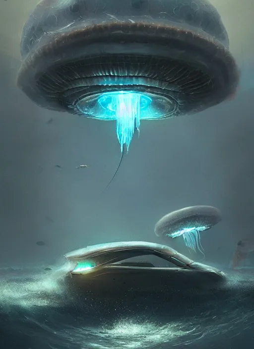 Image similar to jellyfish alien vehicle, sparks, ultra realistic, underwater temple, cinematic lighting, machines, highly detailed, sharp focus, artstation, masterpiece, art by greg rutkowski