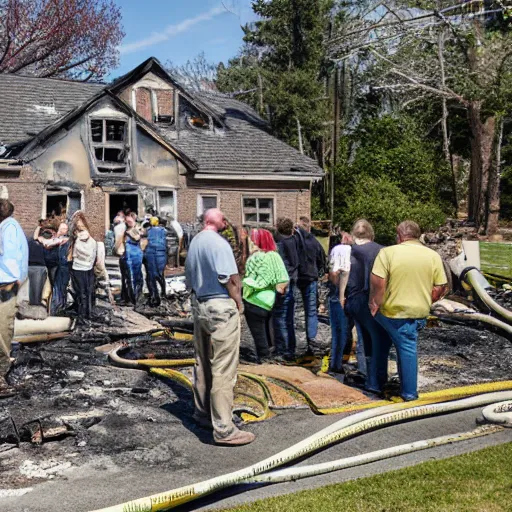 Prompt: prospective buyers attend an open house for a burned down house fire, real estate photography