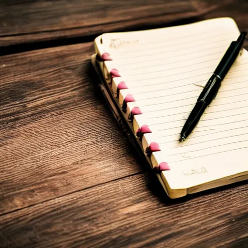 Image similar to highly detailed close up photo of an old worn notebook on wooden table, old table, feather pen, light coming out of near window, moody lighting, dust in air