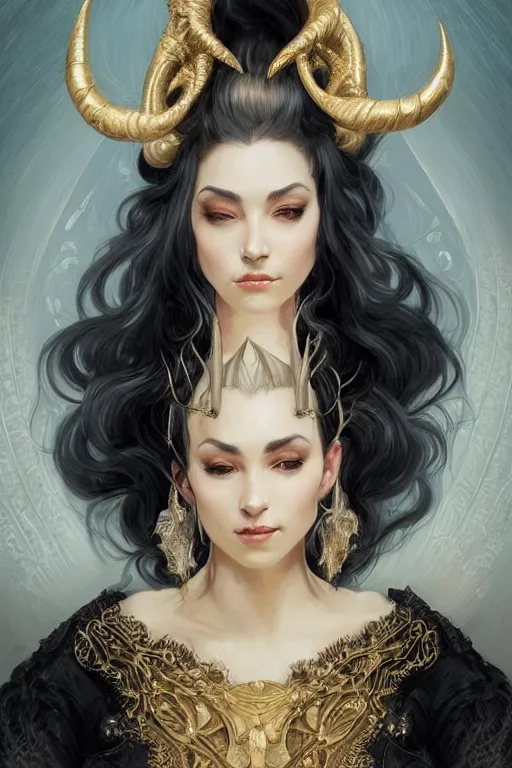 Image similar to fullbody!! of a beautiful woman with white hair, big natural horns on her head, long flowing intricate black lace dress, gold jewellery, dnd, face, fantasy, intricate, elegant, highly detailed, digital painting, artstation, concept art, smooth, sharp focus, illustration, art by artgerm and greg rutkowski and alphonse mucha