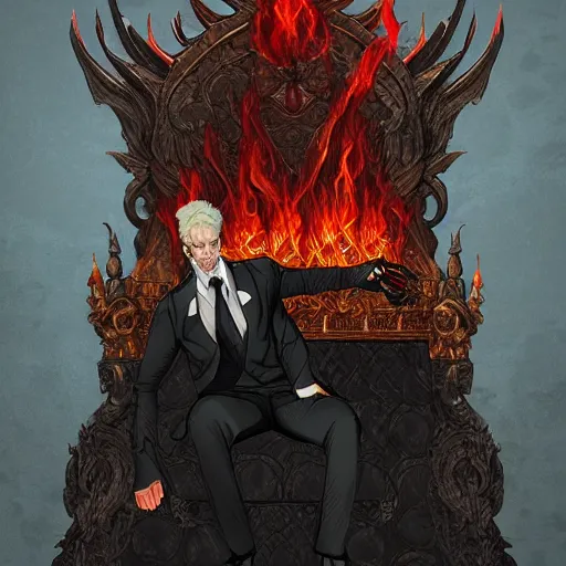 Prompt: A Male Devil sits on a throne and wears a black tuxedo , hell, landscape, fire, environment, Artstation