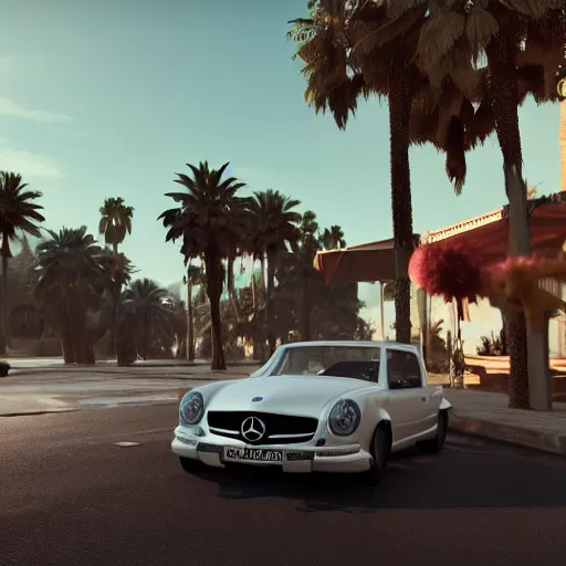 Image similar to frog driving a mercedes in marrakech, palm trees, octane render, unreal engine, hyperdetailed