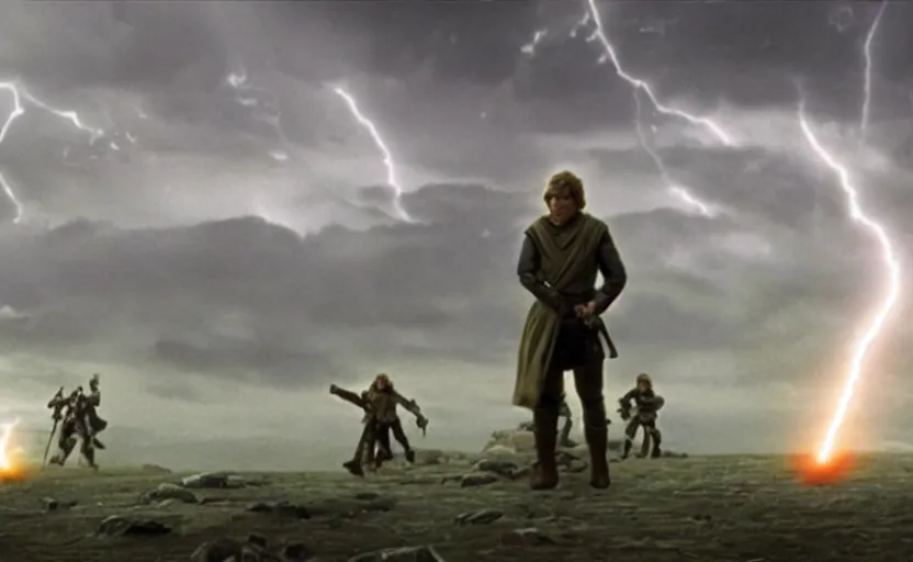 Image similar to screenshot portrait of Luke Skywalker in a windy lightning battlefield with scattered ruins of a fiery jedi rock temple, surrounded by giant AT-AT walkers, with young jedi army behind him, iconic scene from 1970s film by Stanley Kubrick, last jedi, 4k HD, cinematic lighting, beautiful portrait of Mark Hammill, moody scene, stunning cinematography, anamorphic lenses, kodak color film stock