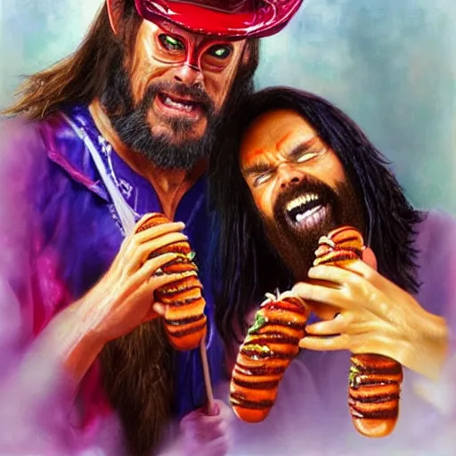 Prompt: portrait of wwf macho man randy savage and wcw sting sharing hotdogs, an oil painting by ross tran and thomas kincade