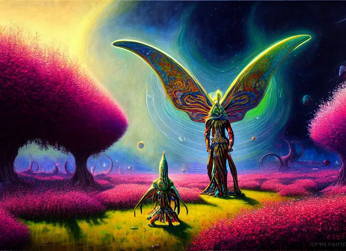 Image similar to a beautiful painting of a large alien shrine shrouded by mystic nebula magic in a field of flowers by moebius and android jones, oil on canvas sharp, details, hyper - detailed, hd, hdr, 4 k, 8 k