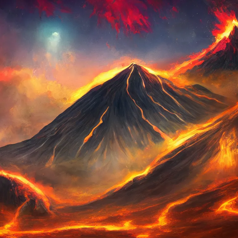 Image similar to a painting of a volcano from which come out flowers and stars exotic plants, all this happens in some kind of fantasy world, almost like in the sky or all in the amazing outdoors view, long exposure, 8 k resolution, trending on artstation