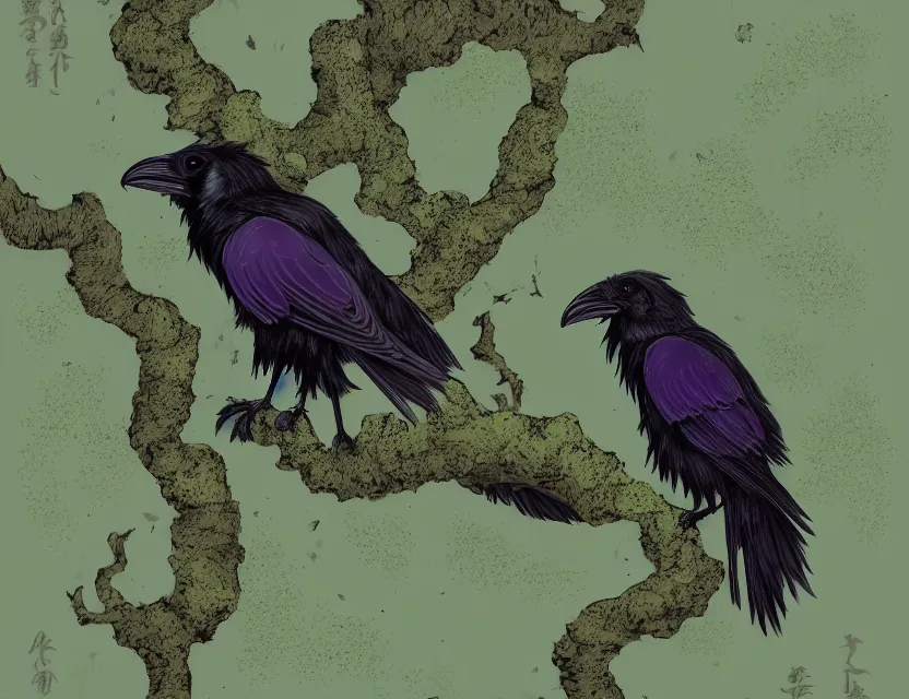 Image similar to female raven yokai in the lichen woods. safe for work, muted complementary colors, anime still, luminescent, 4 k, chiaroscuro, rimlight.