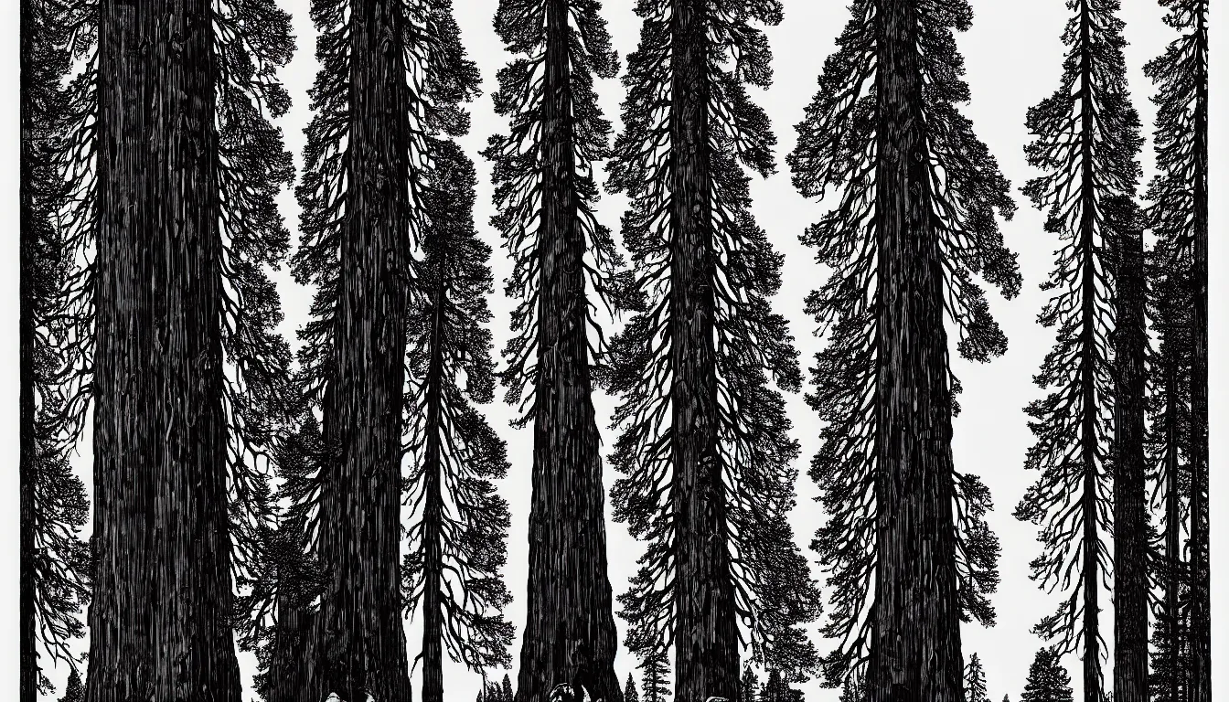Prompt: giant sequoia by dan mumford and peter doig and edward hopper, symmetrical, minimal, black ink, thick lines highly detailed, muted colours 8 k