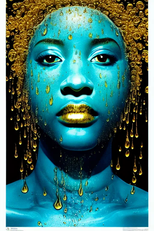 Image similar to hyperrealistic precisionist cinematic profile very expressive! oshun goddess, in water! john everett millais, mirror dripping droplet!, gold flowers, highly detailed face, digital art masterpiece, smooth eric zener cam de leon, dramatic pearlescent turquoise light on one side, low angle uhd 8 k, shallow depth of field