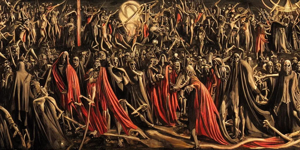 Image similar to dante's inferno painting, with people in black hooded tunic like in the film eyes wide shut of stanley kubrick, illuminati symbol, crows, skeletons, crosses, jesus, dark beauty, rotten gold, perfect faces, extremely detailed, cinema 4 d, unreal engine.