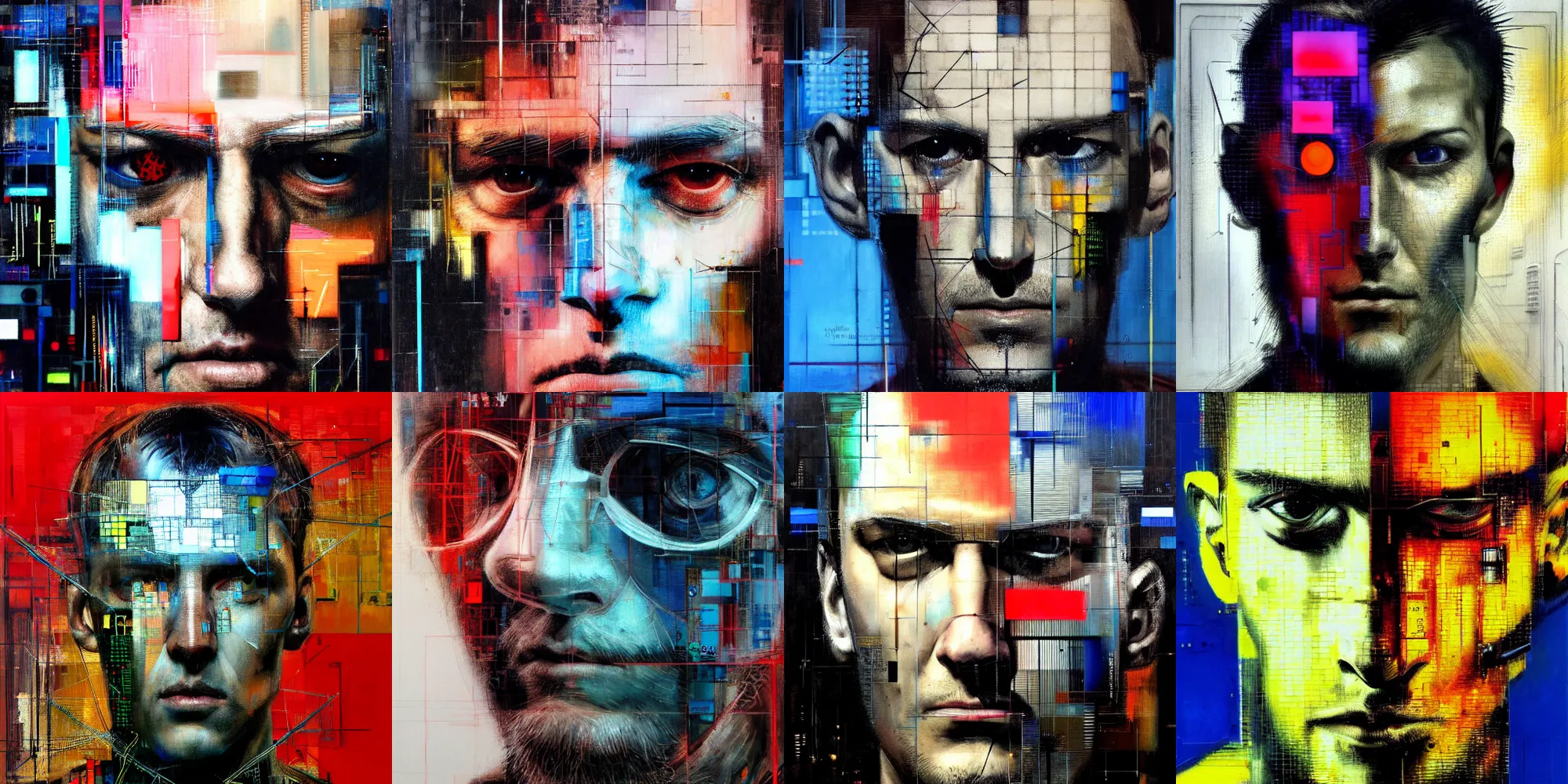 Prompt: hyperrealistic portrait of a cyberpunk man, by Guy Denning, Johannes Itten, Chevrier Sandra. network, lattice, complex, close up, digitized, fine detail, polished, complex, hacking effects, digital tech effects, color blocking, acrylic on canvas, photorealistic, concept art, abstract, symmetrical, 8k, concept art, octane, trending on artstation