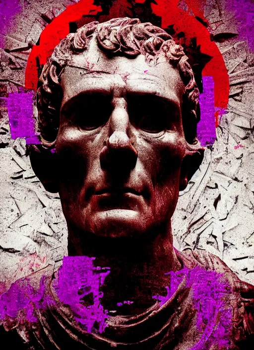 Prompt: dark design poster showing a statue of julius caesar with a half skull, black background with very subtle red and purple design elements, powerful, nekro, vito acconci, thin straight lines, dark, glitch art, neo vaporwave, gritty, layout frame, square, trending on artstation
