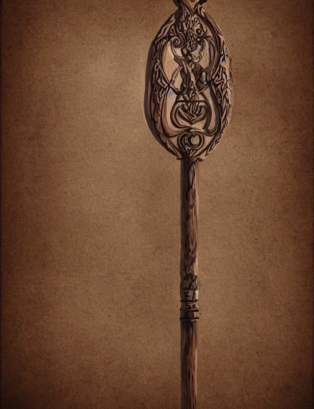 Image similar to medium shot of an ornate wooden staff, fantasy illustration, medieval era, blank background, studio lighting, hand - drawn digital art