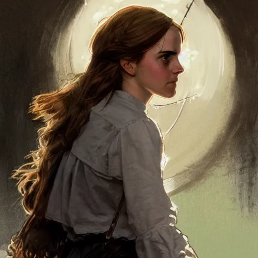 Image similar to portrait of emma watson as hermione granger in a burnoose, detailed, illustration by norman rockwell, artstation character art, john william waterhouse, concept art, greg rutowski